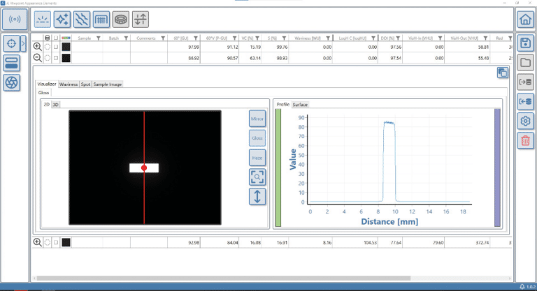 Surface brilliance module showing numeric results, measurement images and graph.